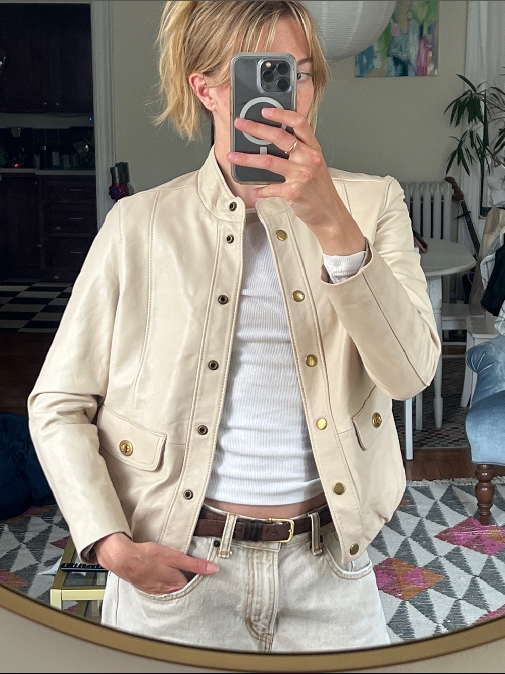 Coach Cream Leather Snap-Front Jacket